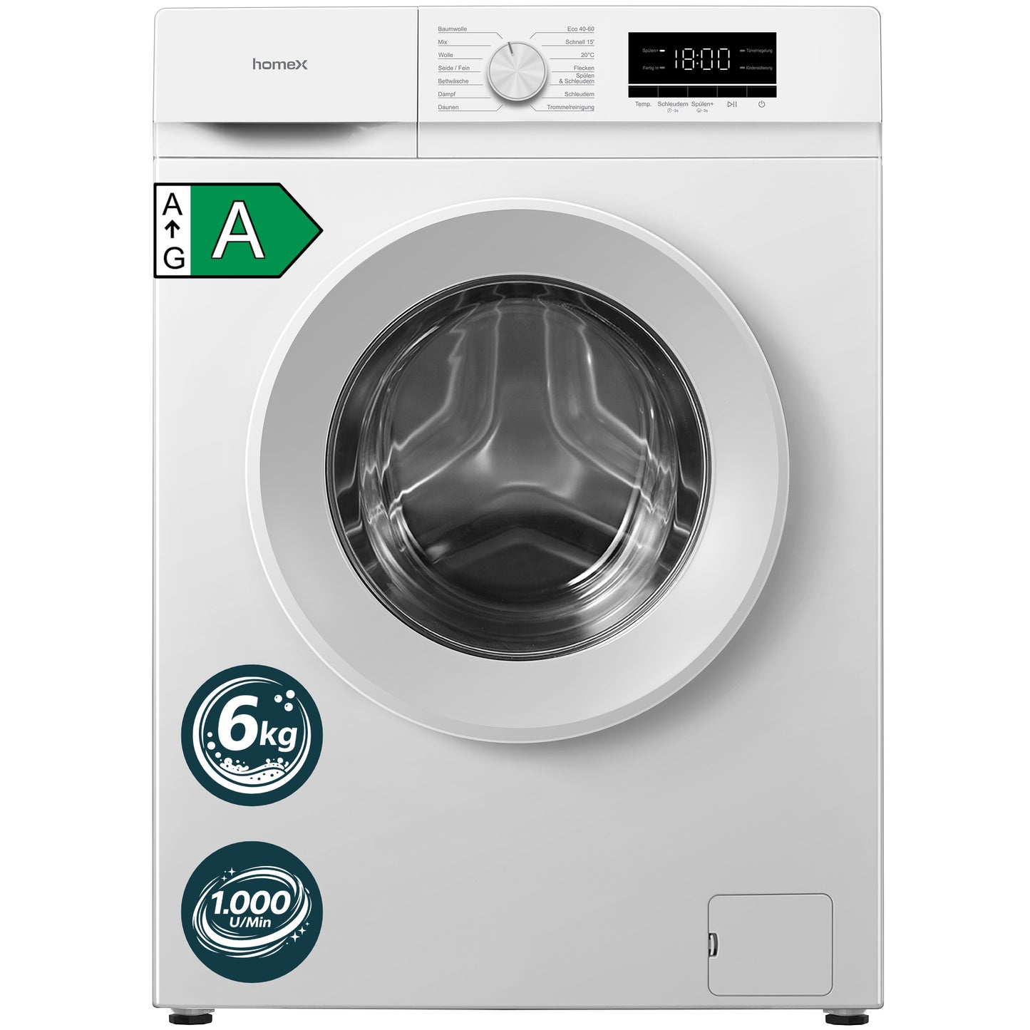 HOMEX WF610K1A-W Waschmaschine 6 kg  Energieeffizienzklasse A  1000 U/Min Slim 39 cm