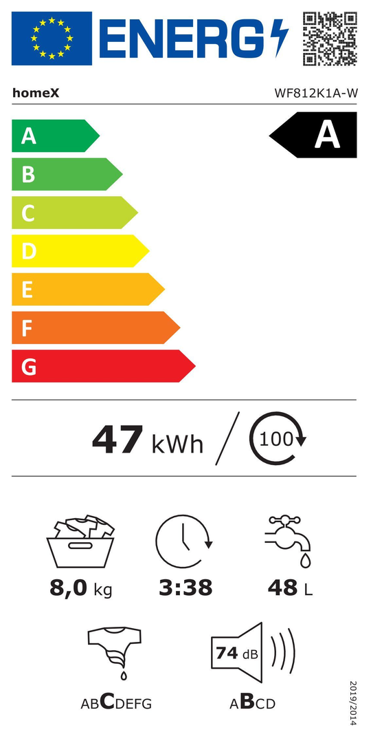HOMEX 8 kg Waschmaschine Energieeffizienzklasse A  1200 U/Min. WF812K1A-W