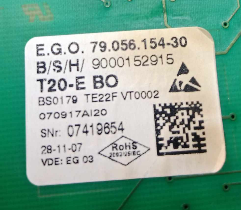 #C2 Bosch Siemens WTE84301/08 Elektronik Modul 00642621 9000152915 E.G.O. 79.056.154-30 T20-E BO BS0179 TE22F VT0002 070917AI20 07419654 RoHS 2002/95/EG