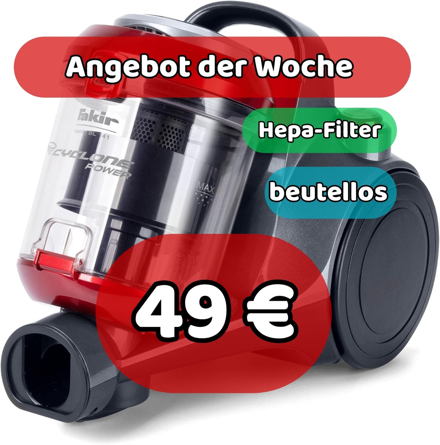 Fakir Bodenstaubsauger beutellos Anthrazit/rot BL 141