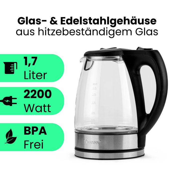Bomann Glas Wasserkocher schwarz edelstahl inox 1,7L